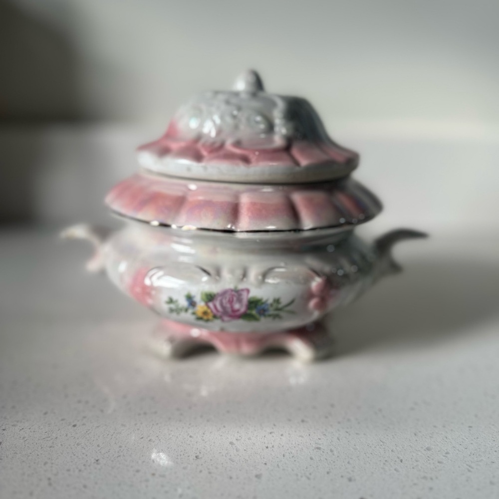 Elegant Pink and White Floral Ceramic Teapot